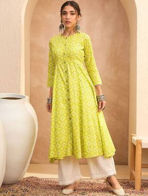 Floral block printed round neck a-line pure cotton kurta 1