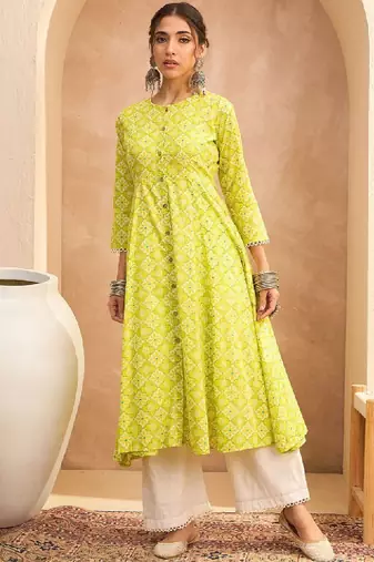 Floral block printed round neck a-line pure cotton kurta