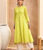 Floral block printed round neck a-line pure cotton kurta