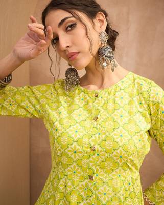 Floral block printed round neck a-line pure cotton kurta 2