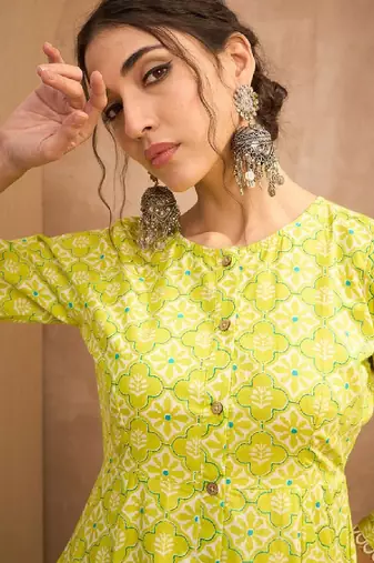 Floral block printed round neck a-line pure cotton kurta