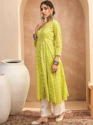 Floral block printed round neck a-line pure cotton kurta 3