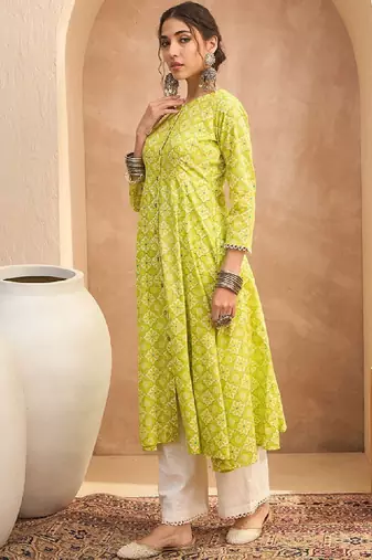 Floral block printed round neck a-line pure cotton kurta