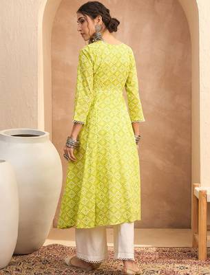 Floral block printed round neck a-line pure cotton kurta 4