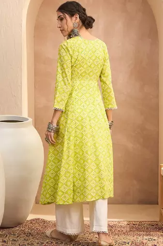 Floral block printed round neck a-line pure cotton kurta