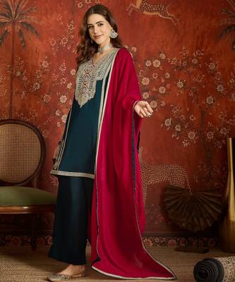 Teal color ethnic vichitra silk fabric heavy embroidered partywear suit 5