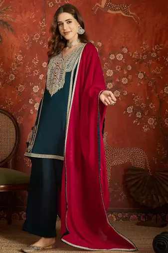 Teal color ethnic vichitra silk fabric heavy embroidered partywear suit