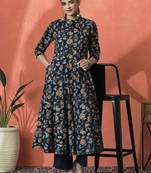 Floral printed mandarin collar panelled pure cotton a-line kurta