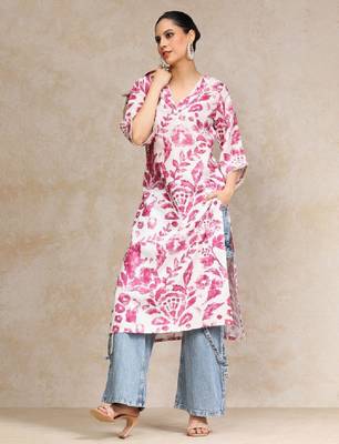 Floral printed bell sleeves v-neck straight cotton kurta 1