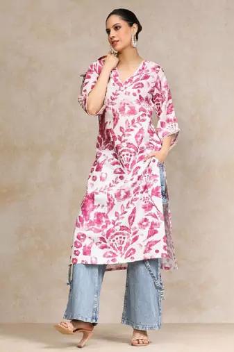 Floral printed bell sleeves v-neck straight cotton kurta