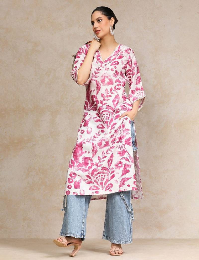 Floral printed bell sleeves v-neck straight cotton kurta