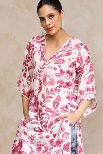 Floral printed bell sleeves v-neck straight cotton kurta