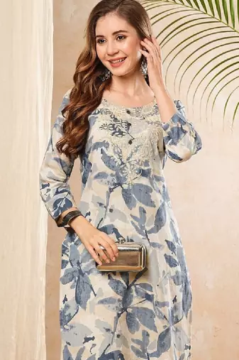 Floral printed round neck thread work straight cotton kurta