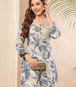 Floral printed round neck thread work straight cotton kurta
