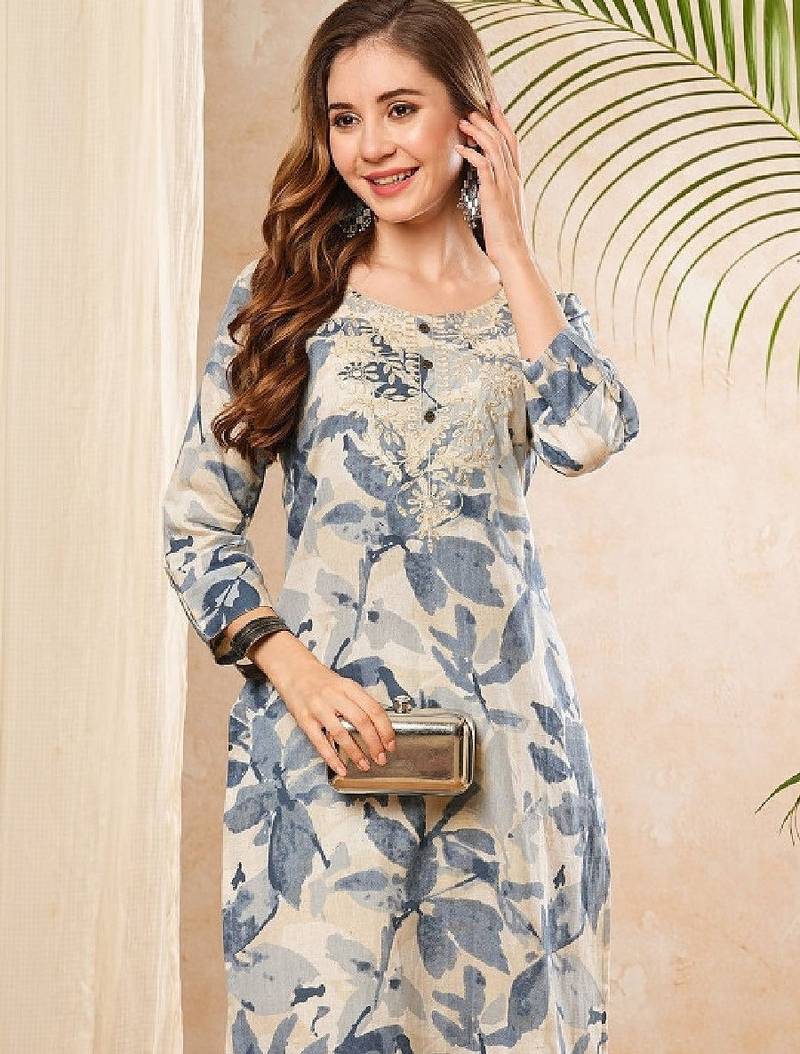 Floral printed round neck thread work straight cotton kurta