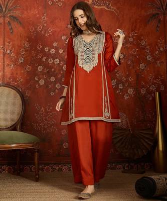 Rust color ethnic vichitra silk fabric heavy embroidered partywear suit 4