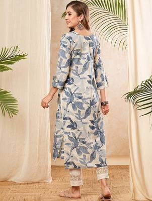 Floral printed round neck thread work straight cotton kurta 2