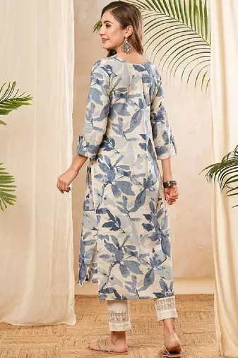 Floral printed round neck thread work straight cotton kurta