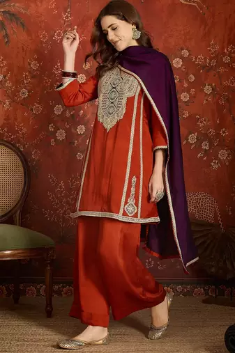 Rust color ethnic vichitra silk fabric heavy embroidered partywear suit