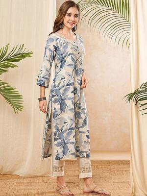 Floral printed round neck thread work straight cotton kurta 3