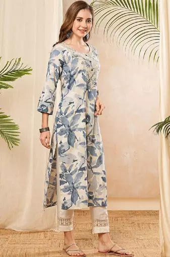 Floral printed round neck thread work straight cotton kurta