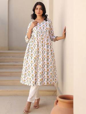 Women white pure cotton floral printed a-line maternity kurta 1