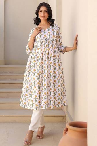 Women white pure cotton floral printed a-line maternity kurta