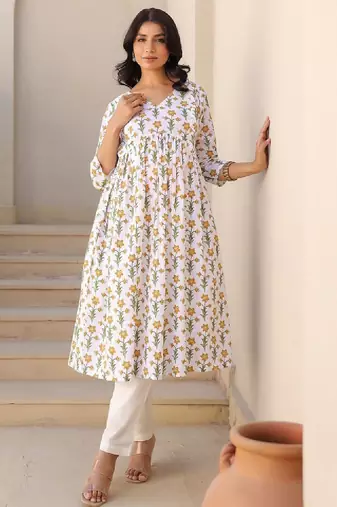 Women white pure cotton floral printed a-line maternity kurta