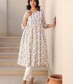 Women white pure cotton floral printed a-line maternity kurta