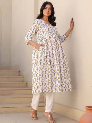 Women white pure cotton floral printed a-line maternity kurta 3