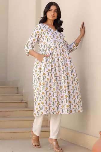Women white pure cotton floral printed a-line maternity kurta