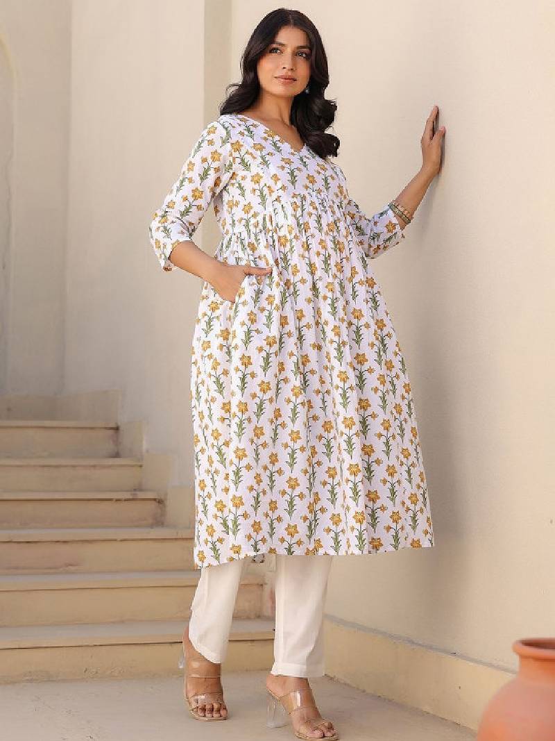 Women white pure cotton floral printed a-line maternity kurta