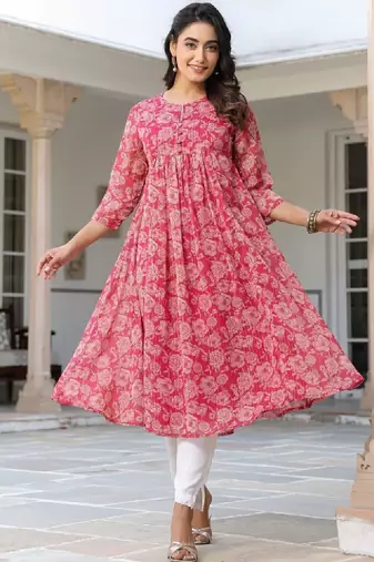 Women dark pink chiffon lurex floral printed flared kurta