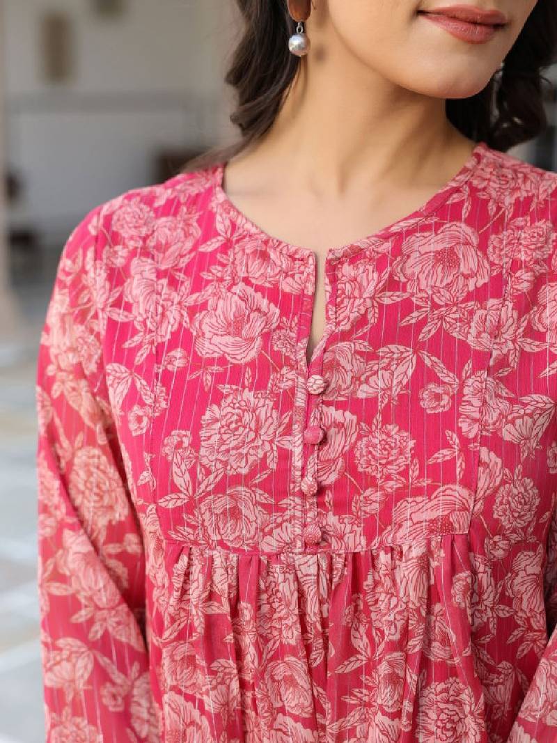 Women dark pink chiffon lurex floral printed flared kurta
