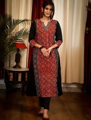 Floral printed notch neck ajrakh cotton straight flared kurta 1