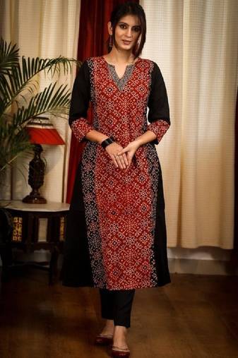 Floral printed notch neck ajrakh cotton straight flared kurta