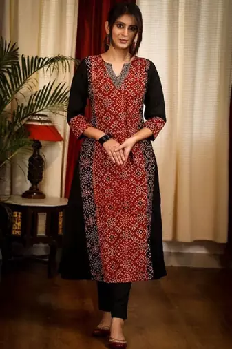 Floral printed notch neck ajrakh cotton straight flared kurta