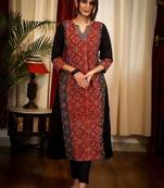 Floral printed notch neck ajrakh cotton straight flared kurta