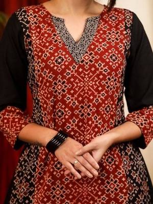 Floral printed notch neck ajrakh cotton straight flared kurta 2