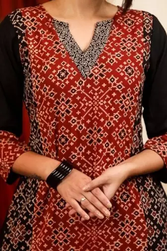 Floral printed notch neck ajrakh cotton straight flared kurta