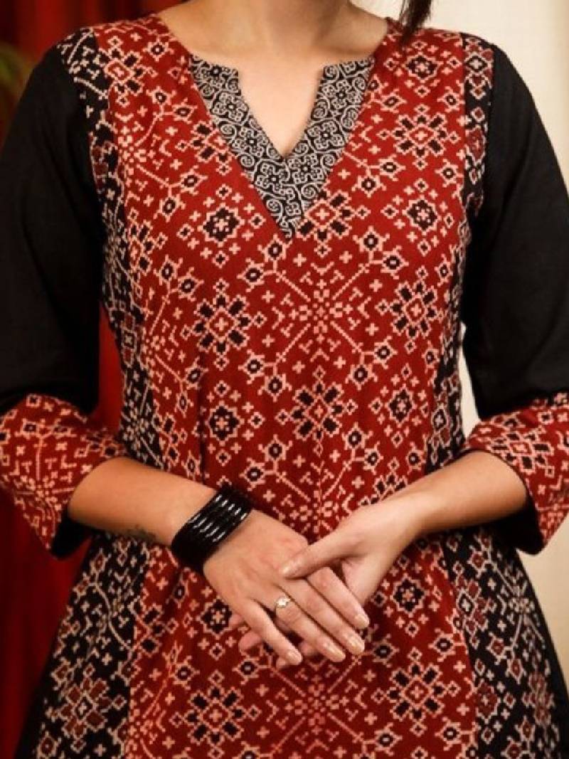 Floral printed notch neck ajrakh cotton straight flared kurta