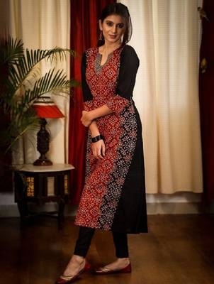 Floral printed notch neck ajrakh cotton straight flared kurta 3