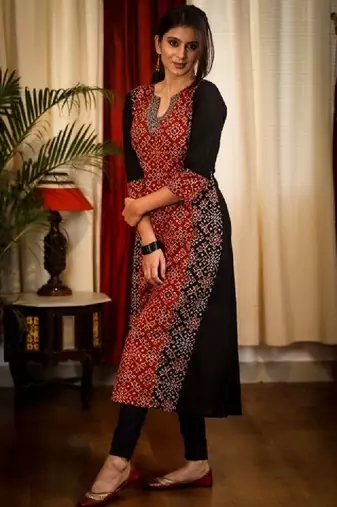 Floral printed notch neck ajrakh cotton straight flared kurta