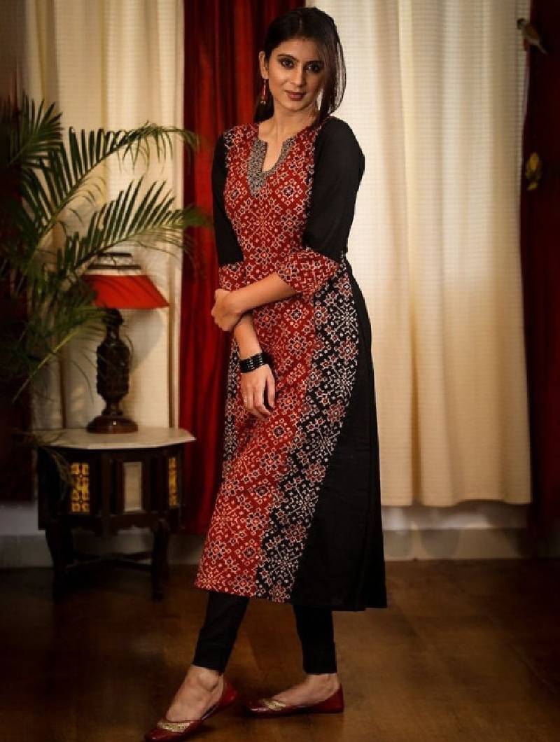 Floral printed notch neck ajrakh cotton straight flared kurta