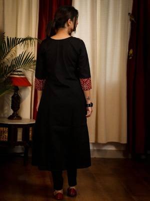 Floral printed notch neck ajrakh cotton straight flared kurta 4