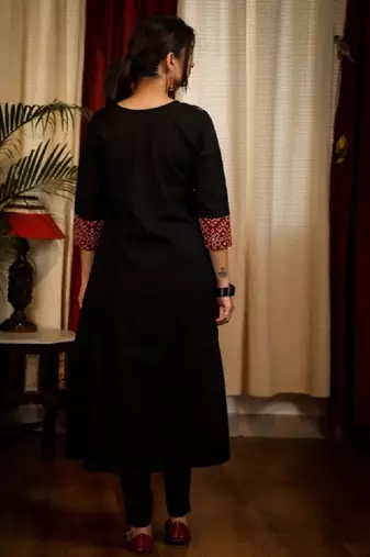 Floral printed notch neck ajrakh cotton straight flared kurta