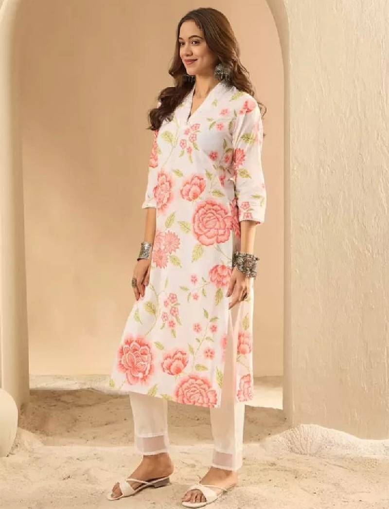 Floral printed cotton v-neck straight kurta