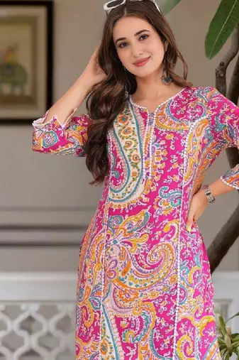 Women floral printed thread work floral kurta