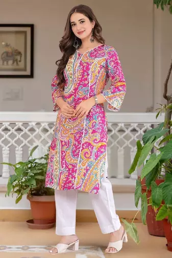 Women floral printed thread work floral kurta