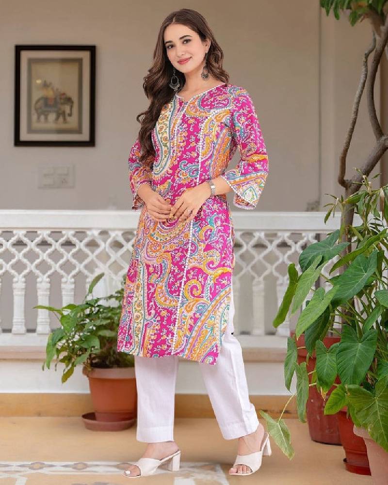 Women floral printed thread work floral kurta